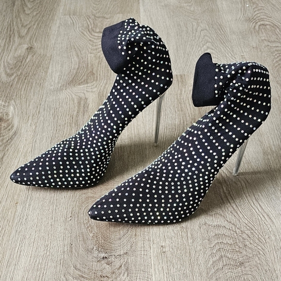 Size 10 Fashion Nova Black Rhinestone Sock Booties - Picture 7 of 10